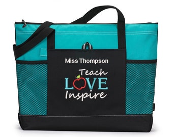 Teacher Appreciation Gift, Teach Love Inspire Embroidered Zippered Tote Bag With Mesh Pockets, Beach Bag, Boating