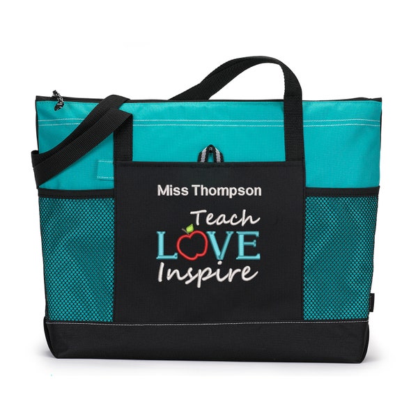 Teacher Appreciation Gift, Teach Love Inspire Embroidered Zippered Tote Bag With Mesh Pockets, Beach Bag, Boating