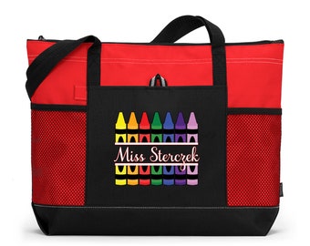 Teacher Crayons Personalized Tote Bag with Mesh Pockets, Preschool, Kindergarten, Teacher Gift, Teacher Appreciation