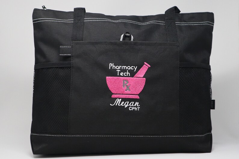 Personalized Pharmacy Tech/Pharmacist Zippered Embroidered tote Bag With Mesh Pockets, Personalized Gift image 9