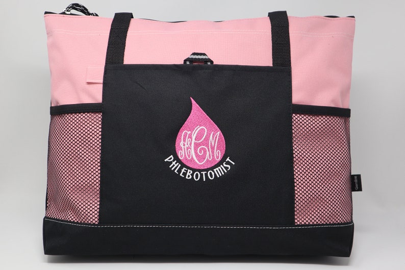 Phlebotomist Blood Drop Monogrammed Embroidered Zippered Tote Bag With Mesh Pockets, Beach Bag, Boating image 9