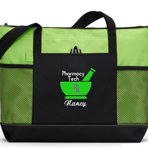 Personalized Pharmacy Tech/Pharmacist Zippered Embroidered tote Bag With Mesh Pockets, Personalized Gift image 2