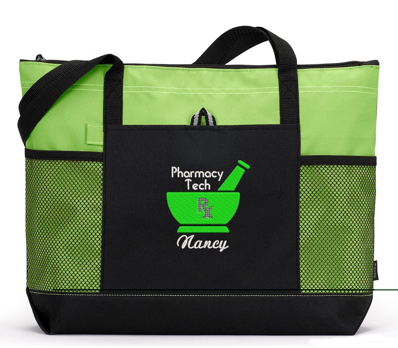 Personalized Pharmacy Tech/Pharmacist Zippered Embroidered tote Bag With Mesh Pockets, Personalized Gift image 2