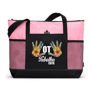 Personalized Occupational Therapy Floral Hands Printed Tote Bag with Mesh Pockets, Gift for OT, OTA, Occupational Therapist, Appreication