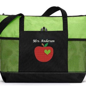 Personalized Teacher Tote Apple w/ Heart Zippered Embroidered Tote Bag w/ Mesh Pockets, Gift for Teacher, Teacher Bag, Teacher Appreciation image 3