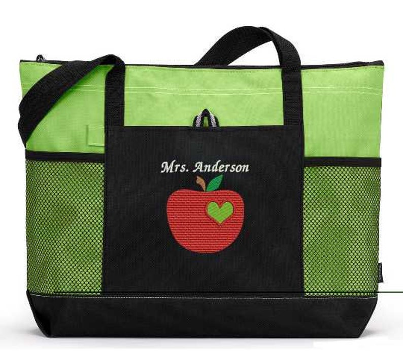 Personalized Teacher Tote Apple w/ Heart Zippered Embroidered Tote Bag w/ Mesh Pockets, Gift for Teacher, Teacher Bag, Teacher Appreciation image 3