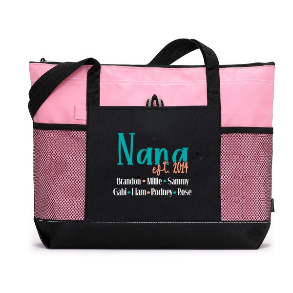 Est. Date Grandparent with Grandchildren's Names, Gift for Grandma, Nana, Gigi, Mimi. Printed Tote Bag with Mesh Pockets, Personalized Gift