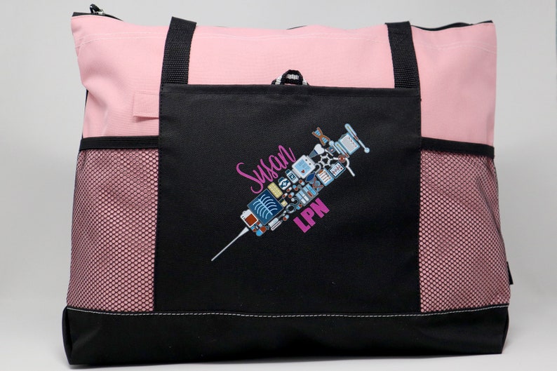 Personalized Nursing Syringe / Phlebotomist, Rn, Lpn, Cna, Cma Tote Bag with Mesh Pockets image 9