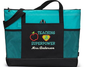 Teacher Bag, Teacher Appreciation Gift, Teaching is my Superpower Embroidered Zippered Tote Bag With Mesh Pockets, Beach Bag, Boating