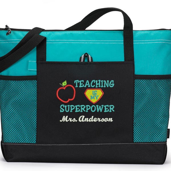 Teacher Bag, Teacher Appreciation Gift, Teaching is my Superpower Embroidered Zippered Tote Bag With Mesh Pockets, Beach Bag, Boating