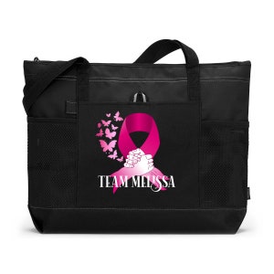 Cancer Team Name Personalized Breast Cancer Tote Bag with Mesh Pockets, Chemotherapy, Cancer Support