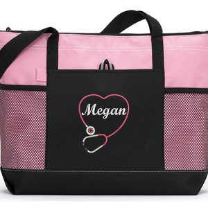 Rn, Lpn, Nurse, Cna Personalized Heart Stethoscope Zippered Tote Bag With Mesh Pockets, Beach Bag, Boating image 1