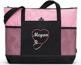 Rn, Lpn, Nurse, Cna Personalized Heart Stethoscope Zippered Tote Bag With Mesh Pockets, Beach Bag, Boating