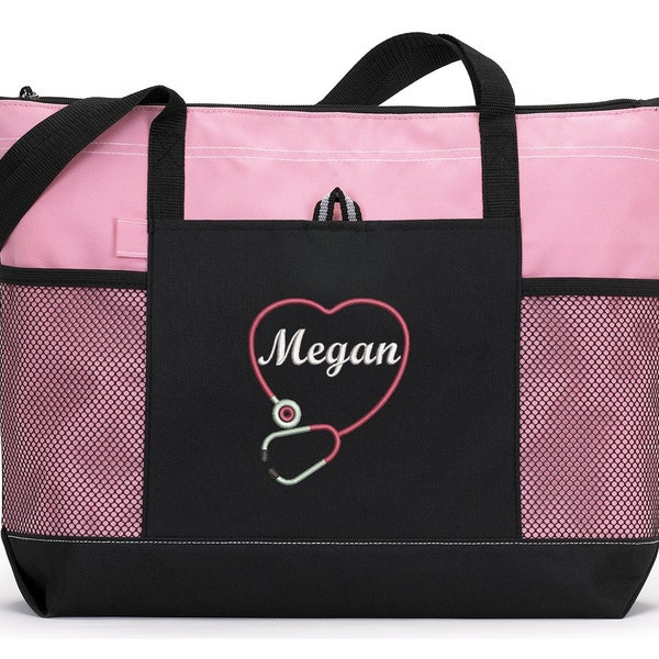 Rn, Lpn, Nurse, Cna Personalized Heart Stethoscope Zippered Tote Bag With Mesh Pockets, Beach Bag, Boating