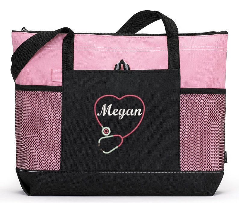 Rn, Lpn, Nurse, Cna Personalized Heart Stethoscope Zippered Tote Bag With Mesh Pockets, Beach Bag, Boating image 1