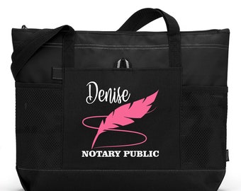 Personalized Notary Feather Tote Bag with Mesh Pockets, Gift for Notary Public