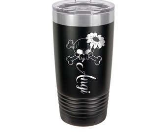 Personalized Engraved Skull with Daisy Powder Coated Insulated 20 oz Tumbler 12 colors available, Personalized Gift