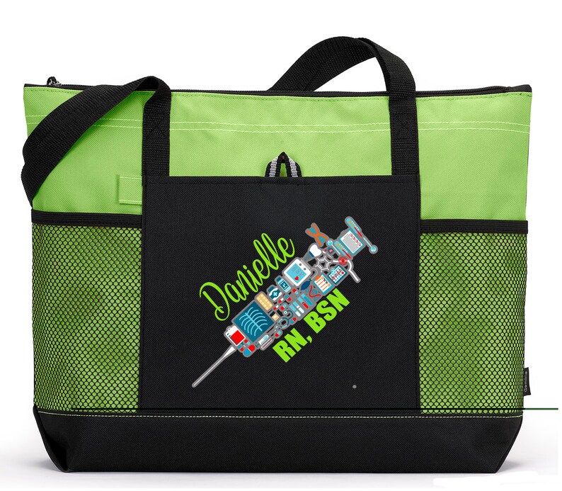 Personalized Nursing Syringe / Phlebotomist, Rn, Lpn, Cna, Cma Tote Bag with Mesh Pockets image 3