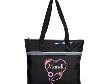 Floral Heart Stethoscope Nurse Printed Personalized Small Tote
