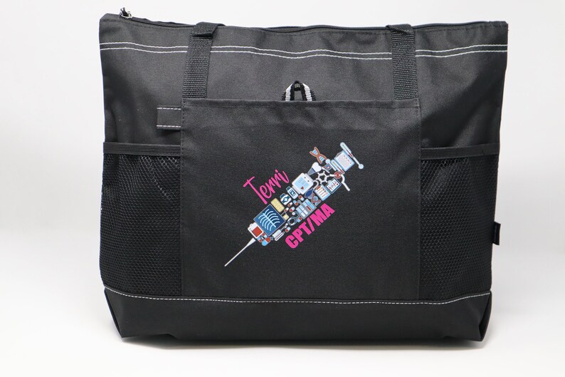 Personalized Nursing Syringe / Phlebotomist, Rn, Lpn, Cna, Cma Tote Bag with Mesh Pockets image 6