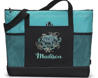 Mehndi Elephant Zippered Tote Bag with Mesh Pockets, Gift for Her, Personalized Gift
