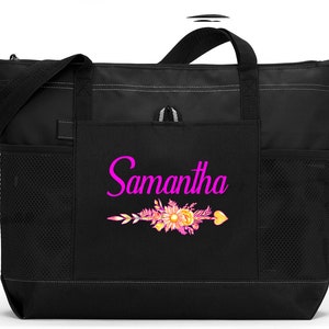 Personalized Floral Arrow Tote Bag with Mesh Pockets