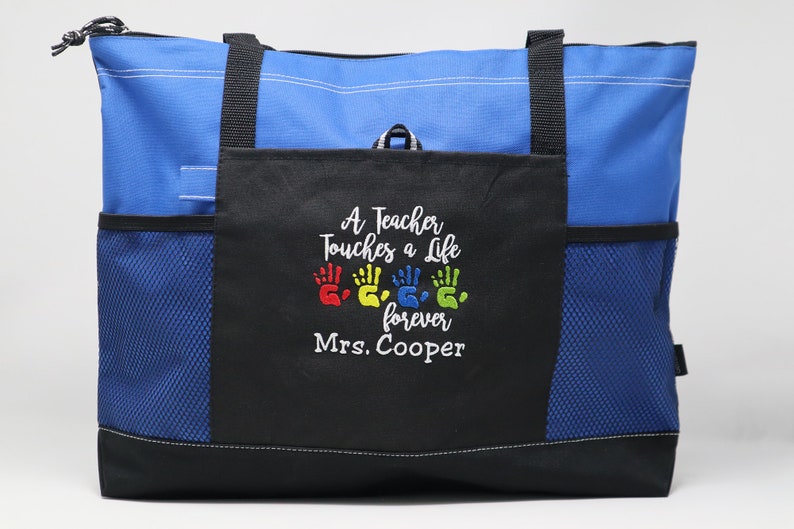 A Teacher Touches a Life Forever Personalized Tote Zippered Embroidered tote Bag, Gift for Teacher, Teacher Appreciation image 6