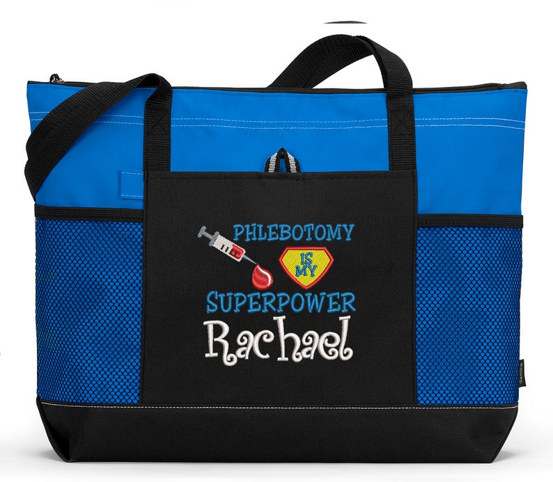 Phlebotomy is my Superpower Embroidered Zippered Tote Bag With Mesh Pockets, Beach Bag, Boating image 4