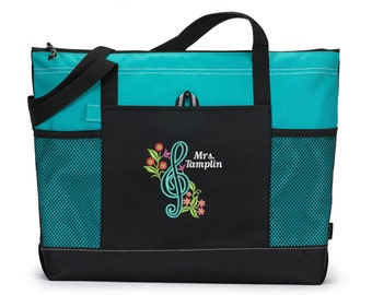 Floral G Clef Personalized Music or Chorus Teacher Zippered Tote Bag With Mesh Pockets, Gift for Vocal Coach