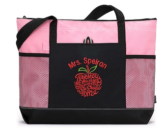 Personalized Teacher Tote - Teachers Change the World - Zippered Embroidered Bag with Mesh Pockets