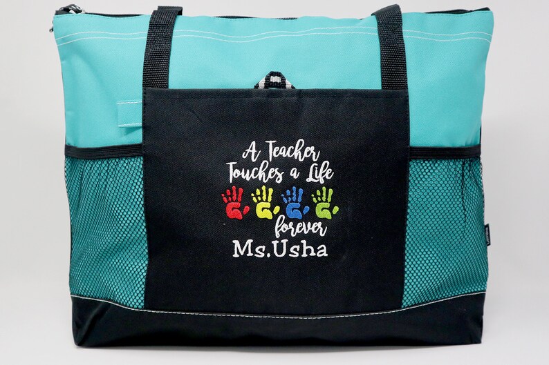 A Teacher Touches a Life Forever Personalized Tote Zippered Embroidered tote Bag, Gift for Teacher, Teacher Appreciation image 9