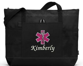 Personalized Star of Life, EMT EMS Embroidered Zippered Tote Bag With Mesh Pockets, Beach Bag, Boating