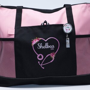 Personalized Heart Stethoscope with Flowers, Rn, Lpn, Cna, Cma Tote Bag with Mesh Pockets, Nurse Bag, Nurse Tote image 7