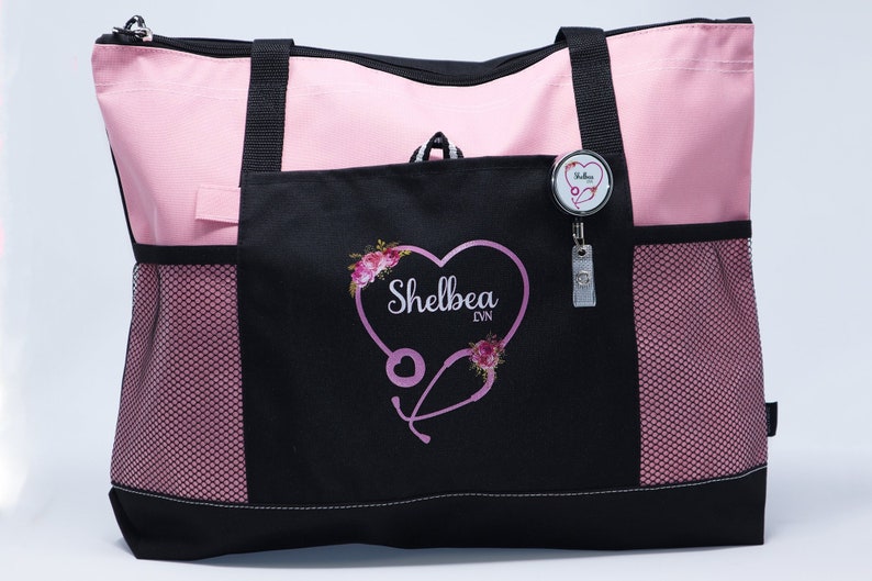 Personalized Heart Stethoscope with Flowers, Rn, Lpn, Cna, Cma Tote Bag with Mesh Pockets, Nurse Bag, Nurse Tote image 7