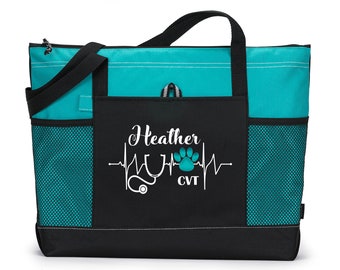 Personalized Vet Tech Veterinarian Heartbeat Paw Print Tote Bag with Mesh Pockets, Vet Tech Appreciation, Personalized Gift