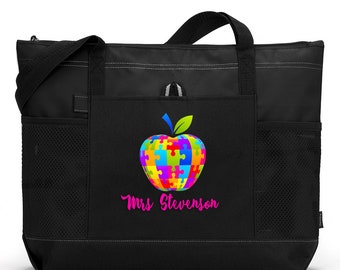 Autism Apple Personalized Teacher Tote Bag