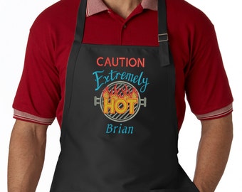 Personalized Men's Apron, Caution Extremely Hot, Custom BBQ Apron