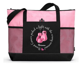 Breast Cancer Picked a Fight with the Wrong Woman Personalized Tote Bag with Mesh Pockets, Chemotherapy