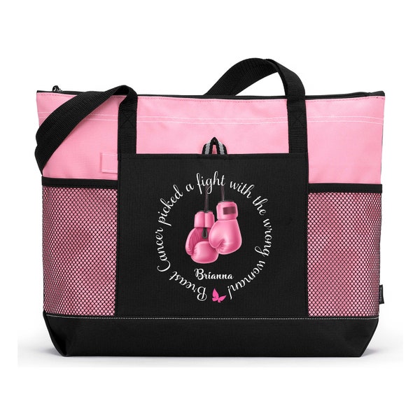 Breast Cancer Picked a Fight with the Wrong Woman Personalized Tote Bag with Mesh Pockets, Chemotherapy