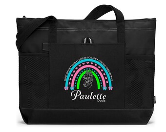 Personalized Rainbow Doula Tote Bag w/ Mesh Pockets, Gift for Doula, Midwife, Baby Catcher #4913