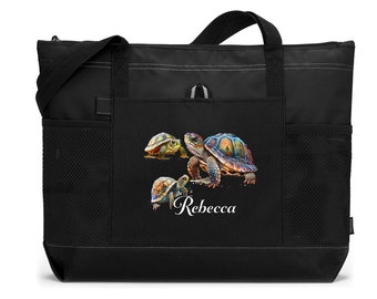 Personalized  Watercolor Sea Turtle Mama  Zippered Tote Bag with Mesh Pockets, Gift for Her, Gift for Mom