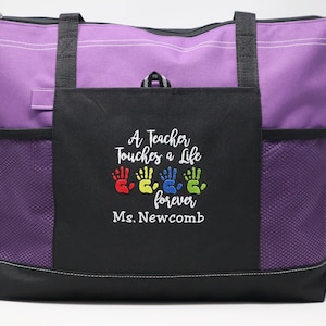 A Teacher Touches a Life Forever Personalized Tote Zippered Embroidered tote Bag, Gift for Teacher, Teacher Appreciation image 5