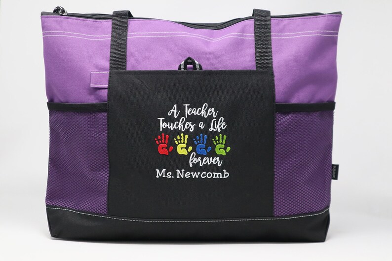 A Teacher Touches a Life Forever Personalized Tote Zippered Embroidered tote Bag, Gift for Teacher, Teacher Appreciation image 5