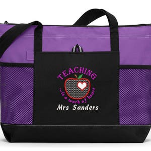 Teaching is a Work of Heart Personalized Tote Zippered Embroidered tote Bag With Mesh Pockets, Beach Bag image 6