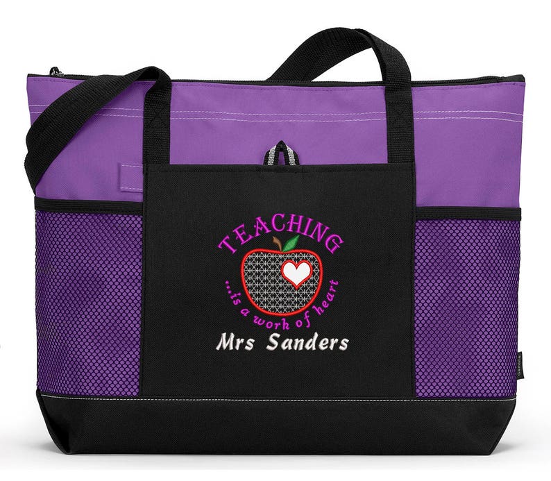 Teaching is a Work of Heart Personalized Tote Zippered Embroidered tote Bag With Mesh Pockets, Beach Bag image 6