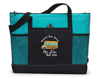Personalized School Bus Driver Embroidered Zippered Tote Bag