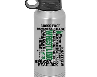 Wrestling Word Art Personalized UV Printed Insulated Stainless Steel 32 oz Water Bottle, Gift for Wrestler
