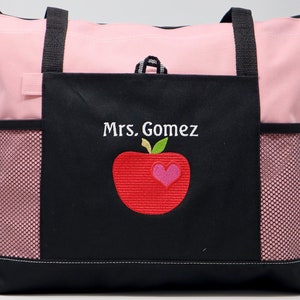Personalized Teacher Tote Apple w/ Heart Zippered Embroidered Tote Bag w/ Mesh Pockets, Gift for Teacher, Teacher Bag, Teacher Appreciation image 9