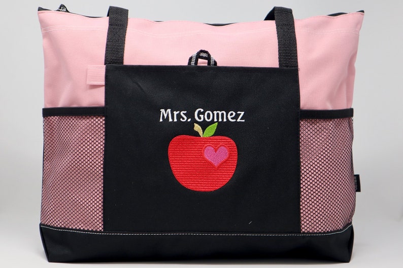 Personalized Teacher Tote Apple w/ Heart Zippered Embroidered Tote Bag w/ Mesh Pockets, Gift for Teacher, Teacher Bag, Teacher Appreciation image 9