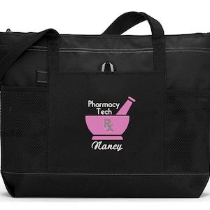 Personalized Pharmacy Tech/Pharmacist Zippered Embroidered tote Bag With Mesh Pockets, Personalized Gift Black